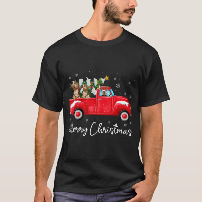 Yorkie Red Truck Christmas Santa Hat Dog Xmas T-Shirt (Front)