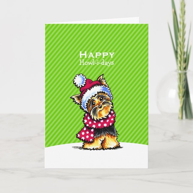 Yorkie Scarf Christmas Green Custom Holiday Card (Front)