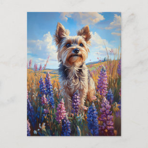 Yorkie Terrier Purple Lupine Flowers Postcard