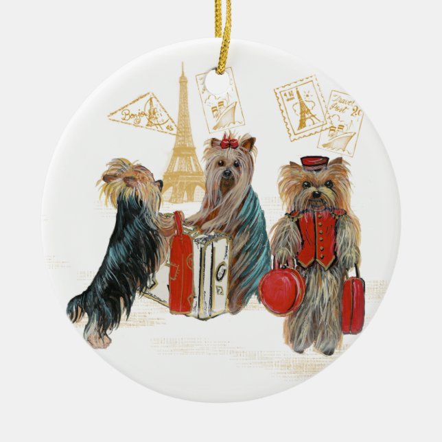 Yorkie Travel Ornement de Noël à Paris (Devant)
