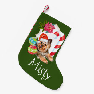 Yorkie wearing hat candy cane decorations small christmas stocking