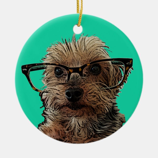 Yorkie with Glasses Ceramic Ornament (Front)