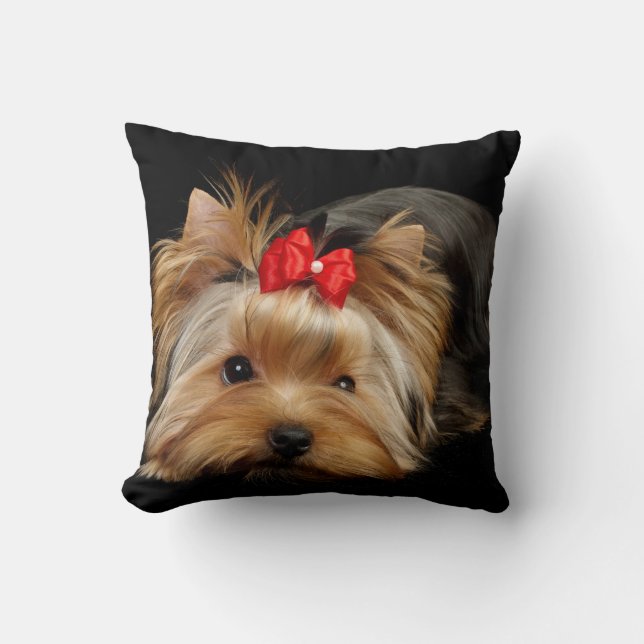 Yorkie with red bow pillow (Front)