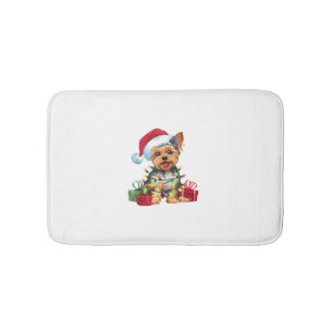 Yorkie Xmas Lighting Santa Hat Yorkie Dog Christma Bath Mat