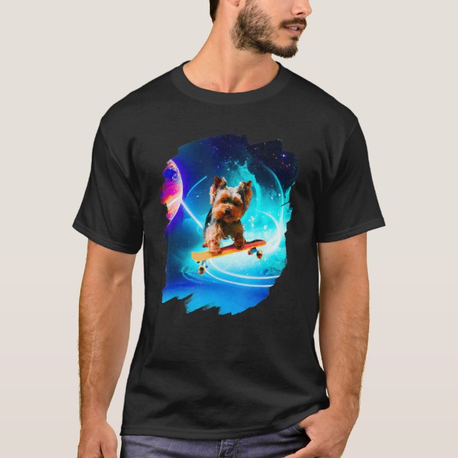 Yorkie Yorkshire Terrier Skateboarding Space Retro T-Shirt (Front)