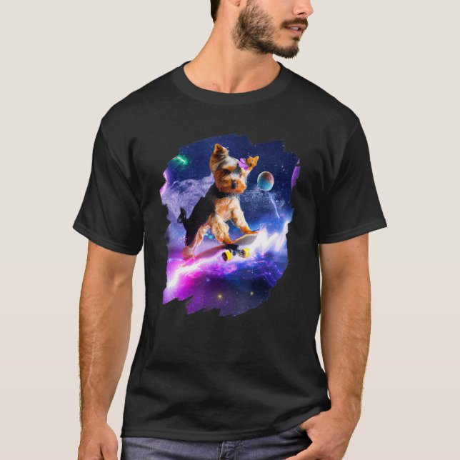 Yorkie Yorkshire Terrier Skateboarding Space Retro T-Shirt (Front)