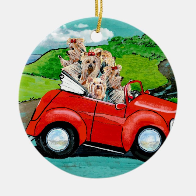 Yorkies in Red Convertible Ceramic Ornament (Front)