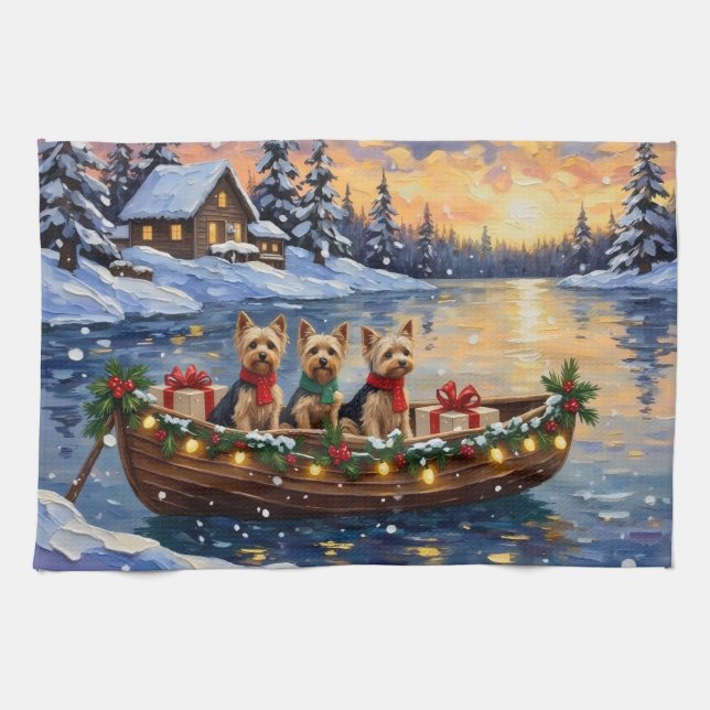 Yorkipoo Christmas Boat Holiday Kitchen Towel (Horizontal)