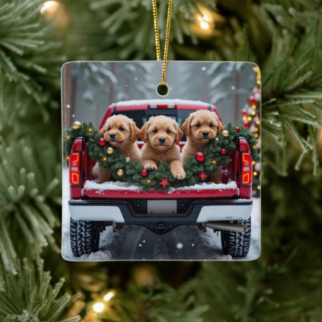 Yorkipoo Christmas Red Truck Holiday Gift Ceramic Ornament (Tree)