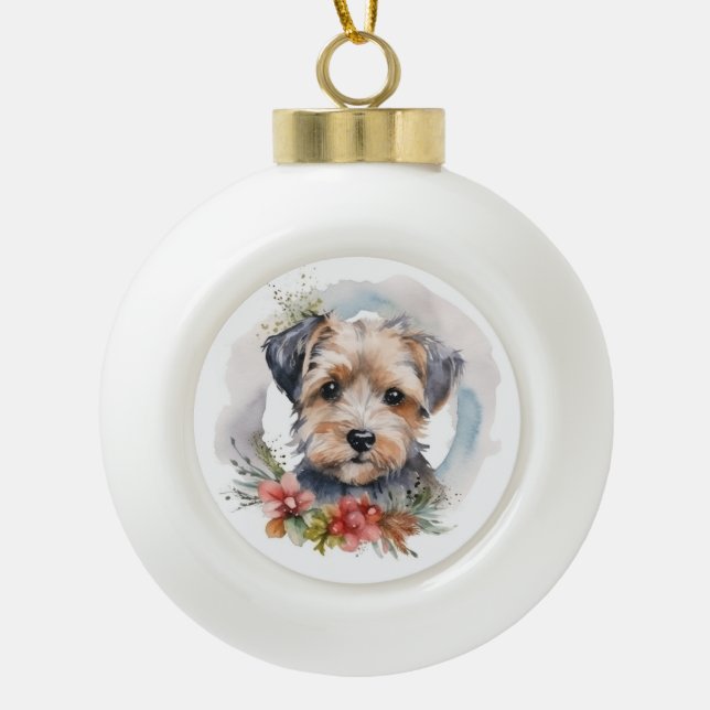 Yorkipoo Christmas Wreath Festive Pup Ceramic Ball Christmas Ornament (Front)