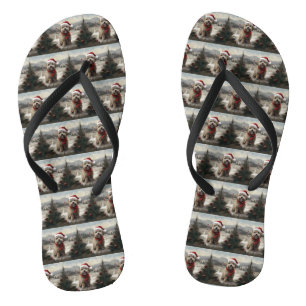 Yorkipoo Dog in Snow Christmas Flip Flops