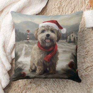 Yorkipoo Dog in Snow Christmas Throw Pillow