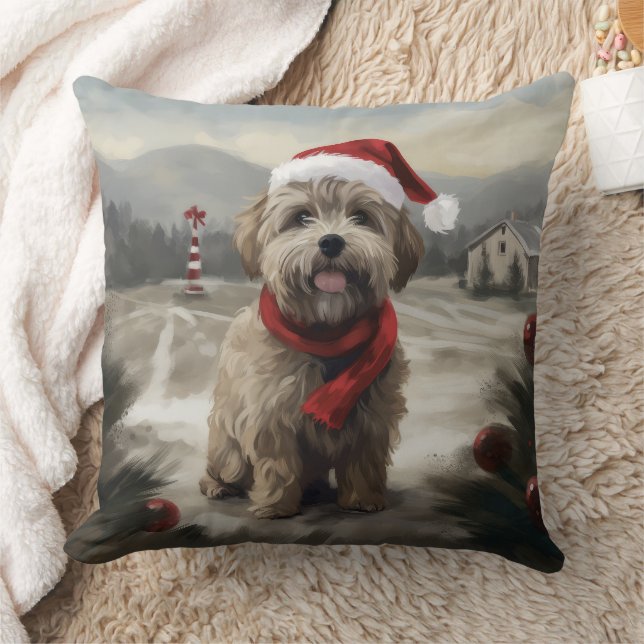 Yorkipoo Dog in Snow Christmas Throw Pillow (Blanket)
