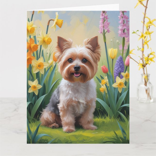 Yorkipoo Dog Spring Flowers Painting Card (Yellow Flower)