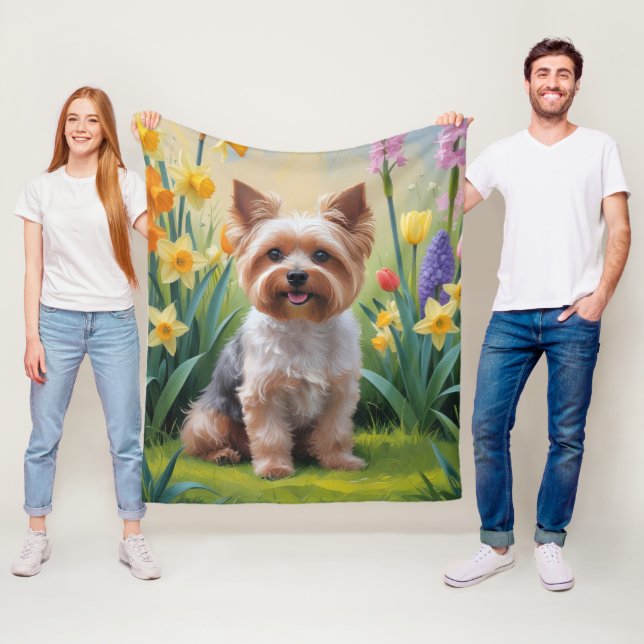 Yorkipoo Dog Spring Flowers Painting Fleece Blanket (In Situ)