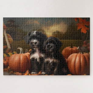 Yorkipoo Puppy Autumn Delight Pumpkin Jigsaw Puzzle