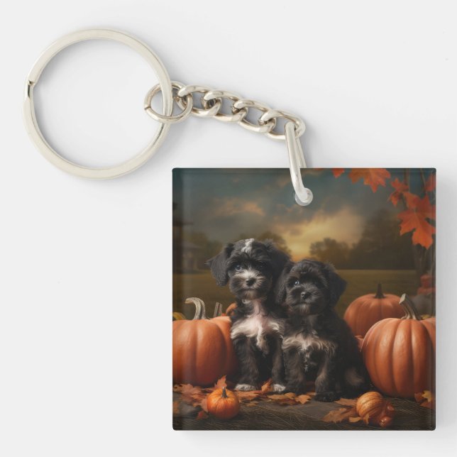 Yorkipoo Puppy Autumn Delight Pumpkin Keychain (Front)