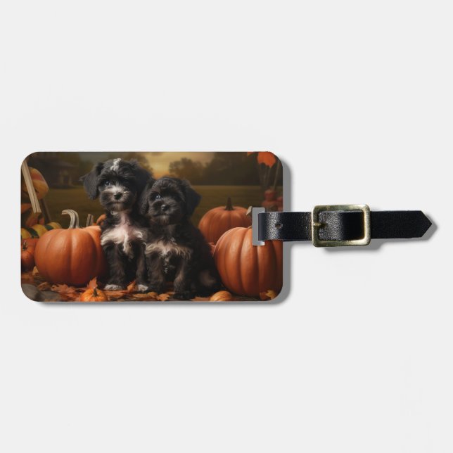 Yorkipoo Puppy Autumn Delight Pumpkin Luggage Tag (Front Horizontal)
