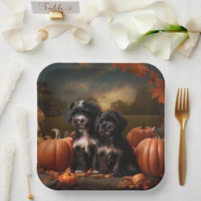Yorkipoo Puppy Autumn Delight Pumpkin Paper Plate (Wedding)