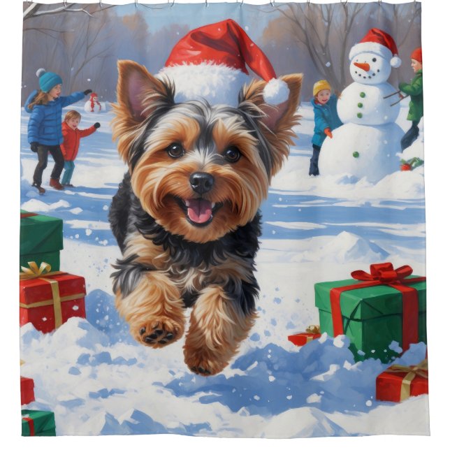 Yorkipoo Running in Snow with Christmas Hat (Front)