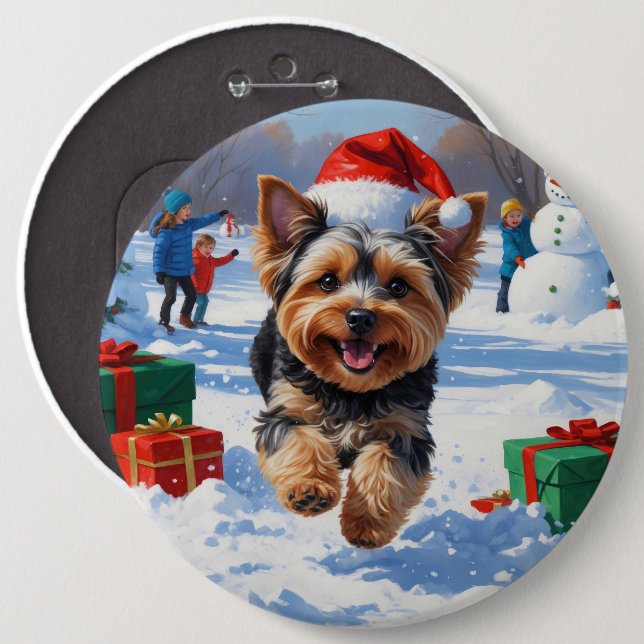 Yorkipoo Running in Snow with Christmas Hat 6 Inch Round Button (Front & Back)