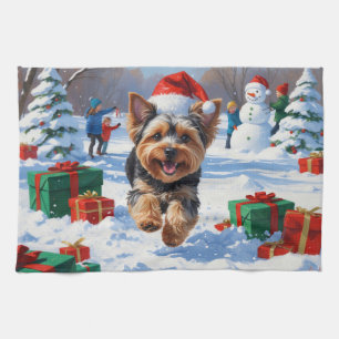 Yorkipoo Running in Snow with Christmas Hat Kitchen Towel