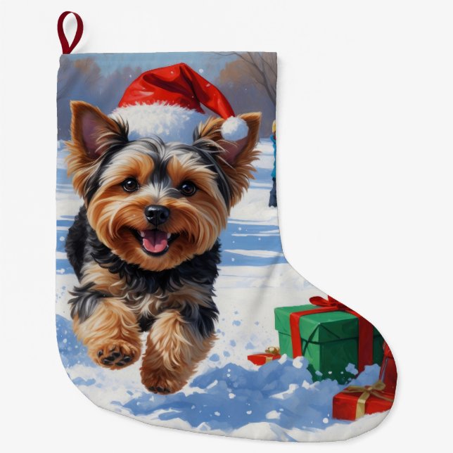 Yorkipoo Running in Snow with Christmas Hat Large Christmas Stocking (Front)