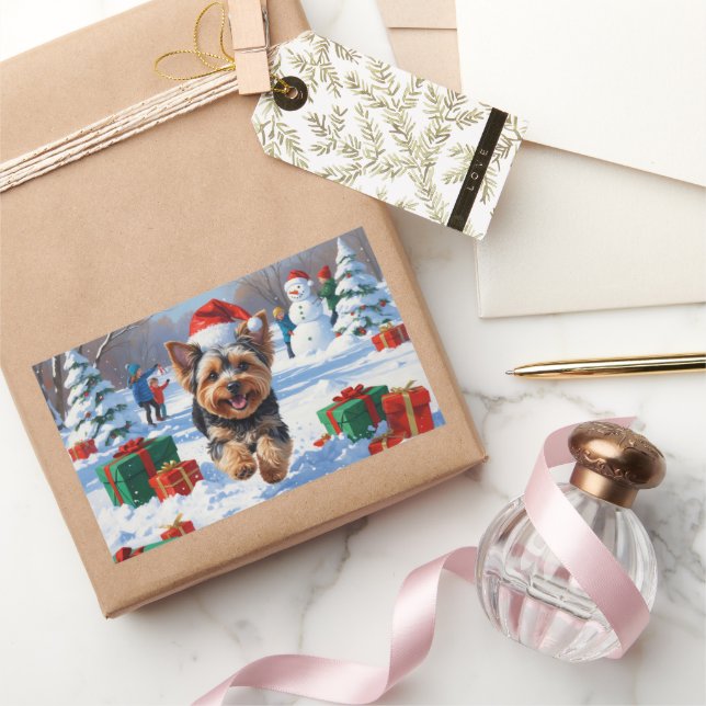 Yorkipoo Running in Snow with Christmas Hat Sticker (Gifting)