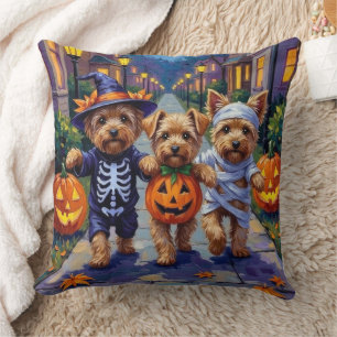 Yorkipoo Trick-or-Treating in Halloween Costumes Throw Pillow