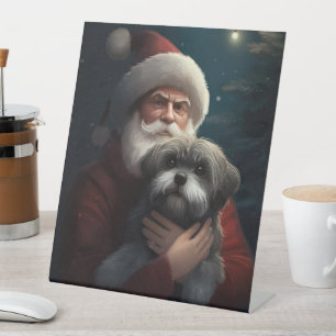 Yorkipoo With Santa Claus Festive Christmas Pedestal Sign