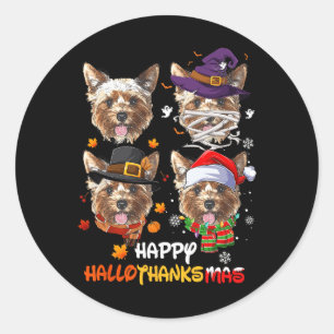Yorkshire Dog Hallothanksmas Halloween Thanksgivin Classic Round Sticker