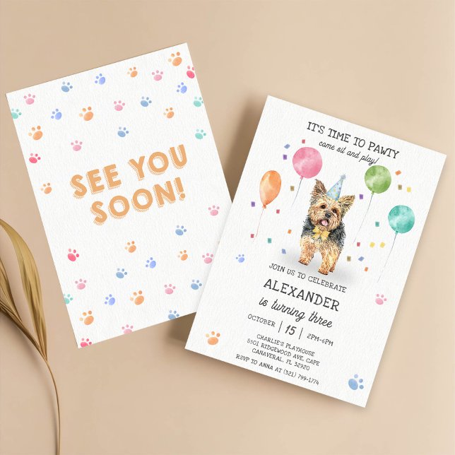 Yorkshire Lets Dog Pawty Puppy Birthday Pink  Invitation (Creator Uploaded)