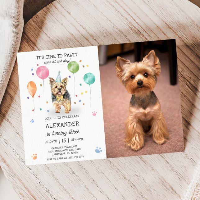 Yorkshire Lets Dog Pawty Puppy Birthday Pink Photo Invitation (Creator Uploaded)