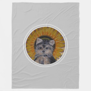 Yorkshire Puppy Dog & Sunflower on Light Grey Fleece Blanket