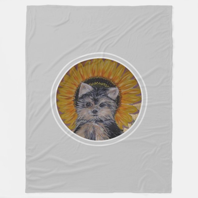 Yorkshire Puppy Dog & Sunflower on Light Grey Fleece Blanket (Front)