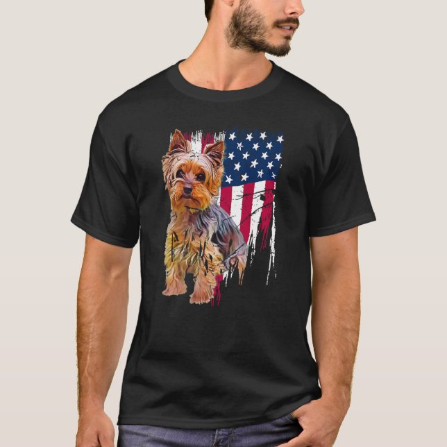 Yorkshire Terrier American Flag USA Awesome  T-Shirt (Front)