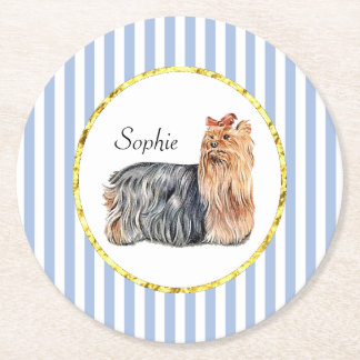 Yorkshire Terrier Blue Stripes Personalize Round Paper Coaster