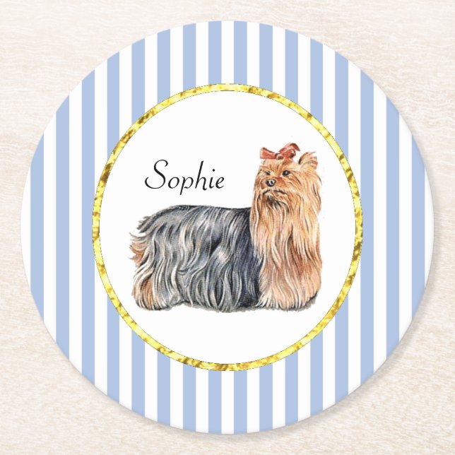 Yorkshire Terrier Blue Stripes Personalize Round Paper Coaster (Front)