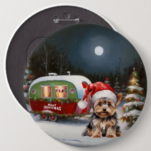 Yorkshire Terrier Caravan Christmas Adventure 6 Inch Round Button