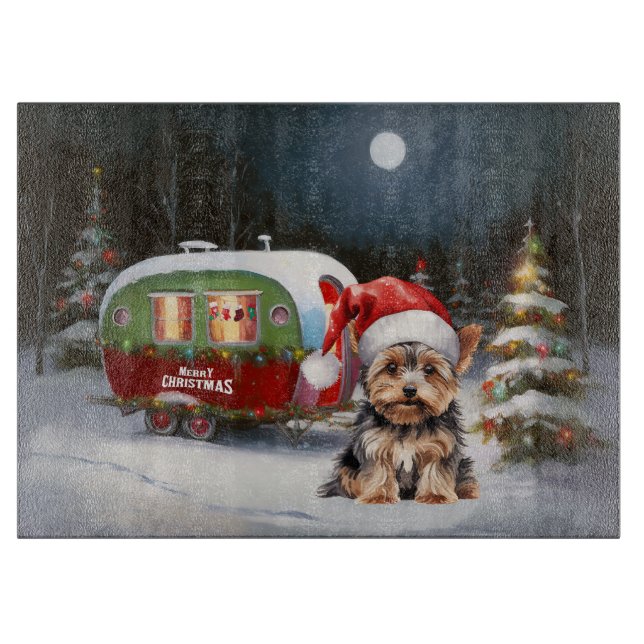 Yorkshire Terrier Caravan Christmas Adventure Cutting Board (Front)