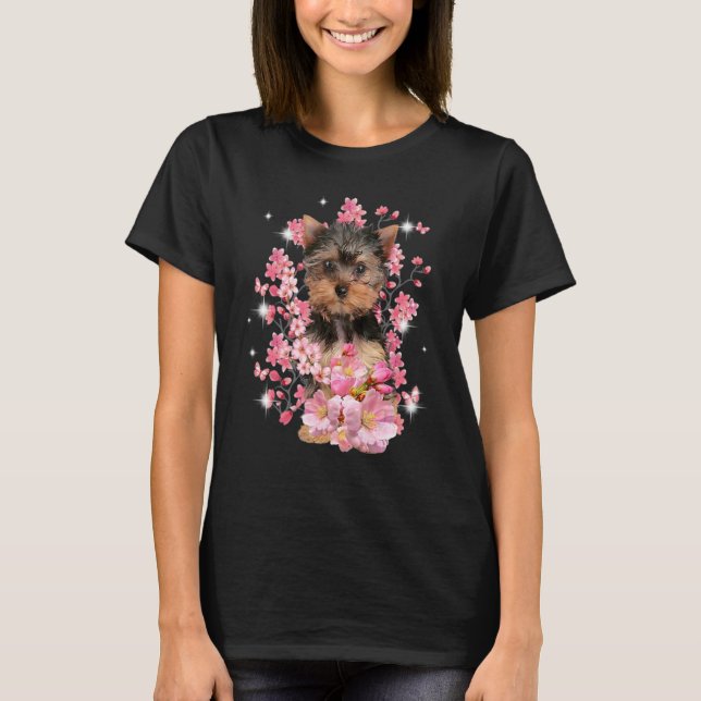 Yorkshire Terrier Cherry Blossom Flowers T-Shirt (Front)