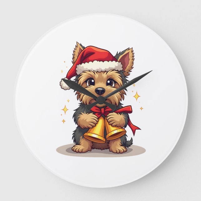 Yorkshire Terrier Christmas Bells Large Clock (Front)