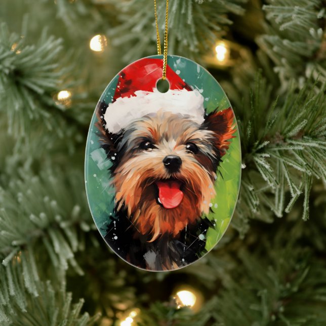 Yorkshire Terrier Christmas brush painting artwork Ceramic Ornament (Tree)