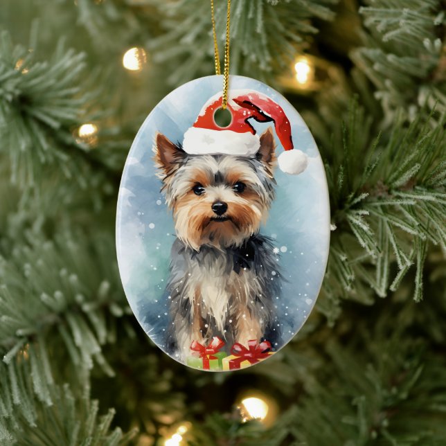 Yorkshire Terrier Christmas brush painting artwork Ceramic Ornament (Tree)