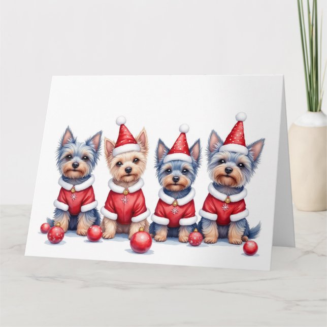 Yorkshire Terrier Christmas Dress Santa Hat Card (Front)