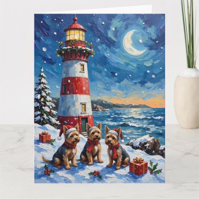 Yorkshire Terrier Christmas Lighthouse Holiday Card (Front)