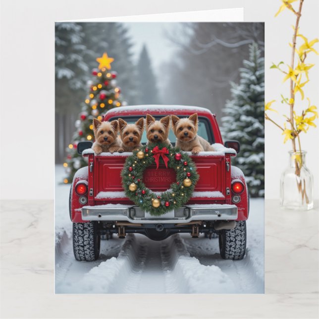 Yorkshire Terrier Christmas Red Truck Holiday Gift Card (Yellow Flower)