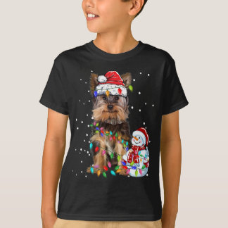 Yorkshire Terrier Christmas Santa Hat Xmas Lights T-Shirt