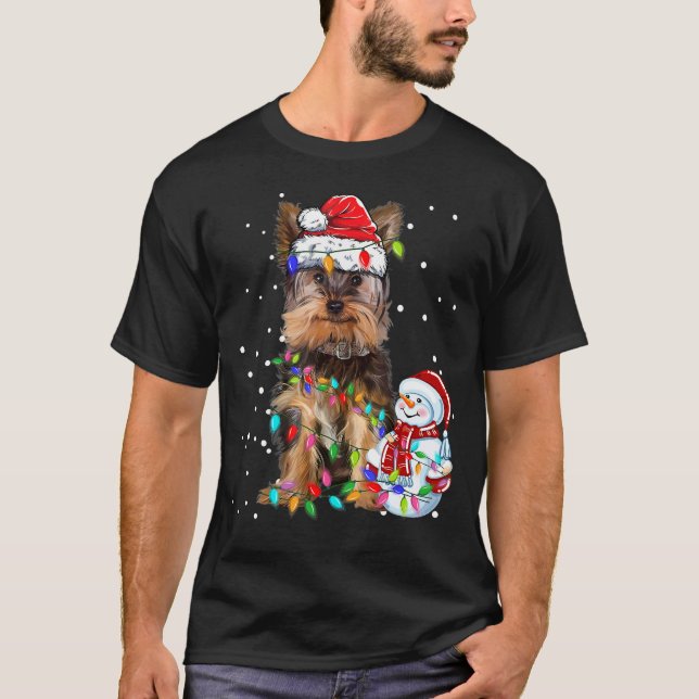 Yorkshire Terrier Christmas Santa Hat Xmas Lights  T-Shirt (Front)