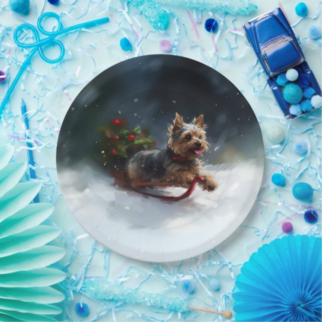 Yorkshire Terrier Christmas snow winter  Paper Plate (Party)